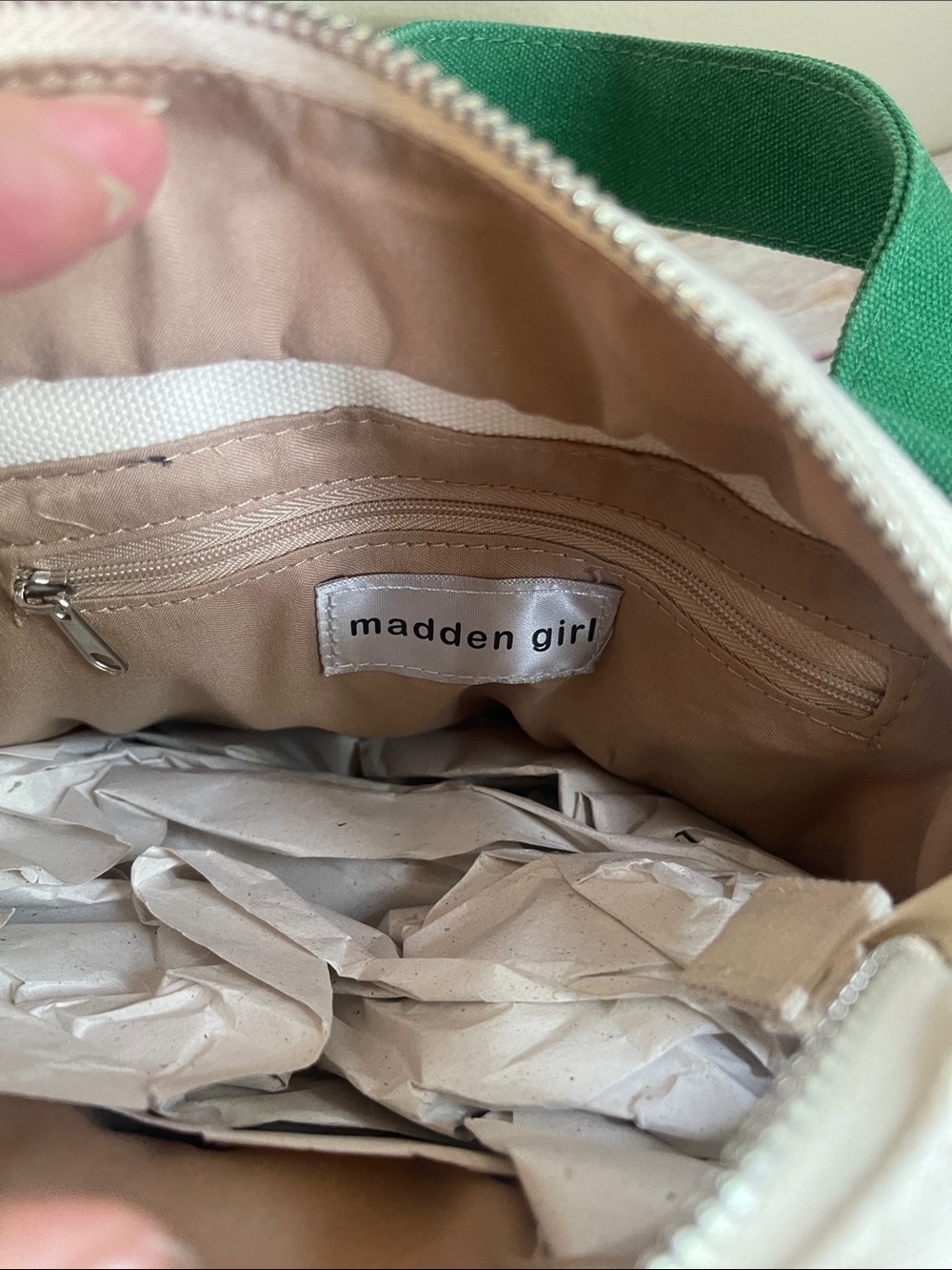 Madden Girl Green and Cream Crossbody Tote with Red Pom Pom - many extras! - Picture 13 of 16